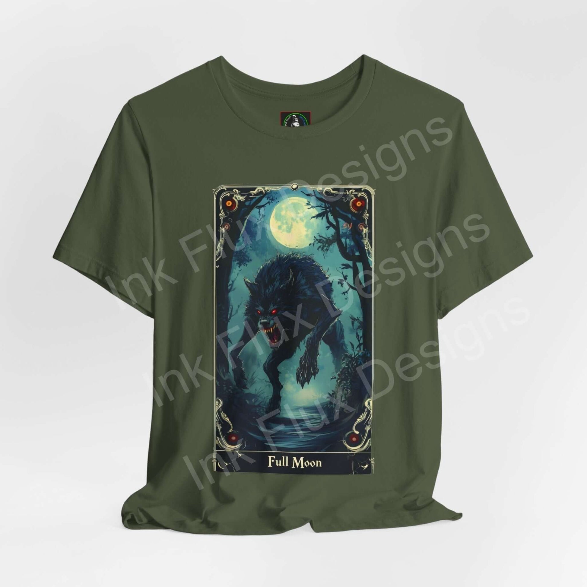 Unisex green graphic tee featuring a full moon and werewolf design, perfect for Halloween, by Bella+Canvas.