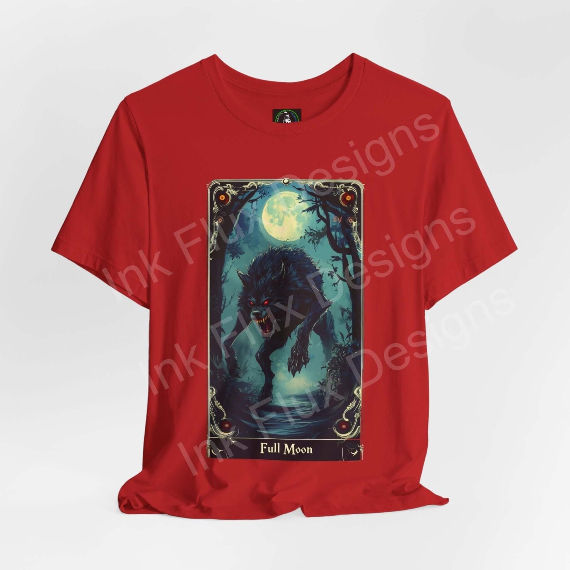 Red unisex Halloween T-shirt featuring a graphic design of a werewolf under a full moon, perfect for Halloween-themed events and casual wear.