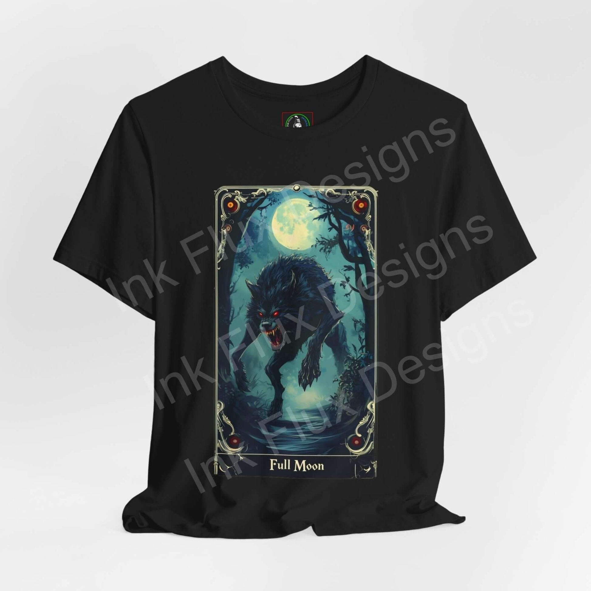 Black unisex graphic tee featuring a werewolf design with a full moon, labeled 'Full Moon' on breathable cotton, perfect for Halloween.