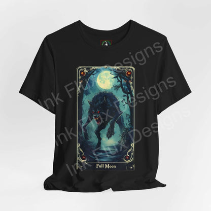 Black unisex graphic tee featuring a werewolf design with a full moon, labeled 'Full Moon' on breathable cotton, perfect for Halloween.