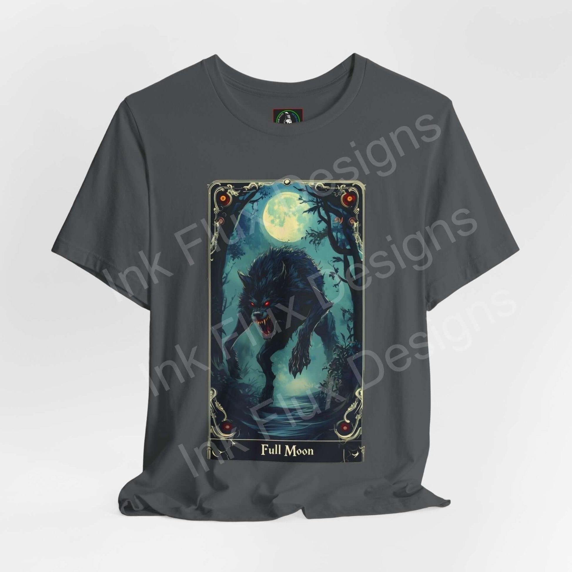 Unisex gray graphic tee featuring a werewolf and full moon design, ideal for Halloween, crafted by Bella+Canvas for style and comfort.