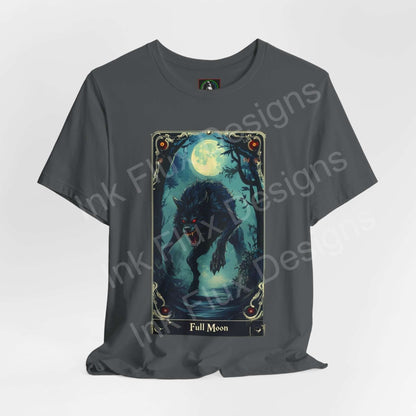 Unisex gray graphic tee featuring a werewolf and full moon design, ideal for Halloween, crafted by Bella+Canvas for style and comfort.