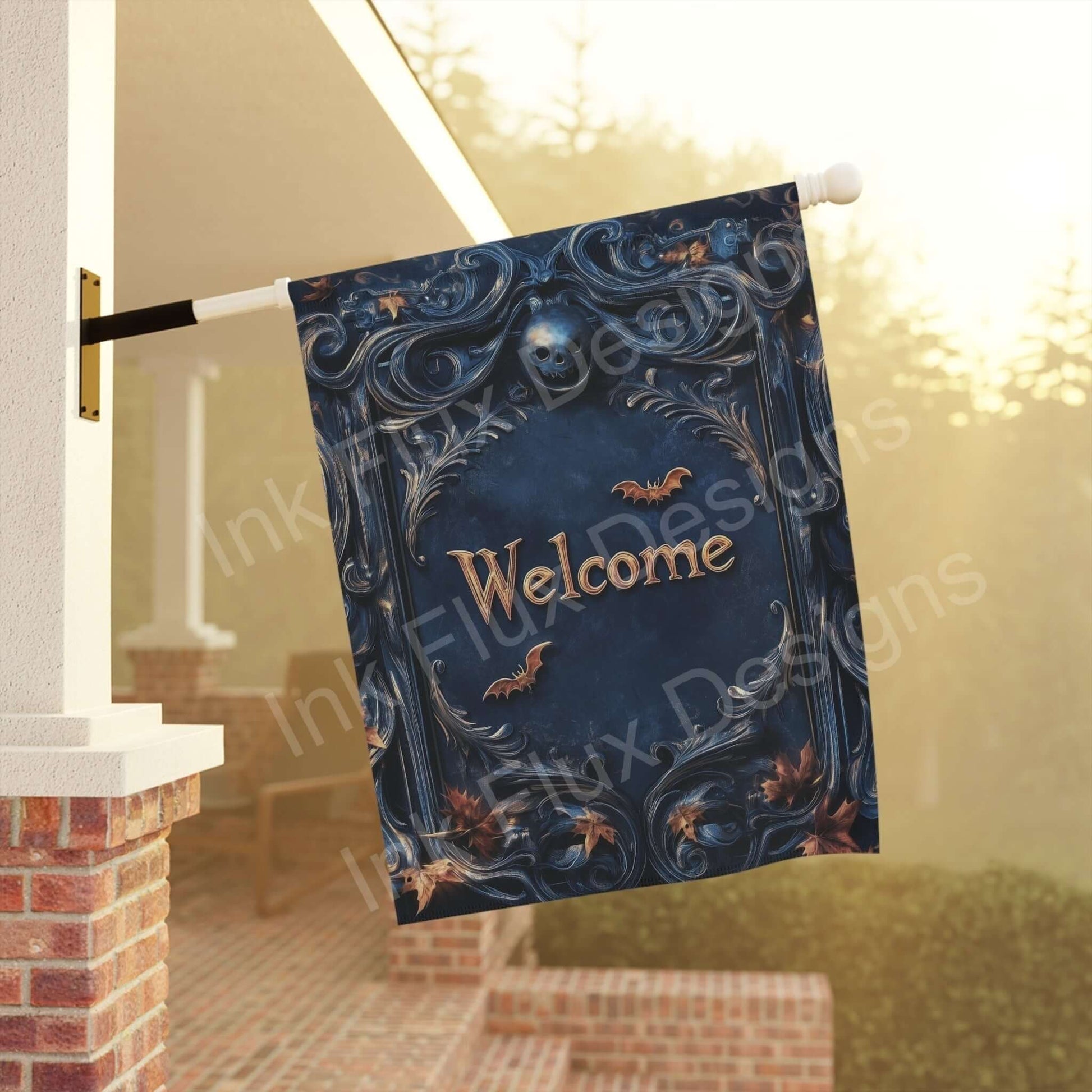 Halloween-themed 'Welcome' garden banner displayed outside a home, featuring eerie designs and bats on durable blue canvas fabric.