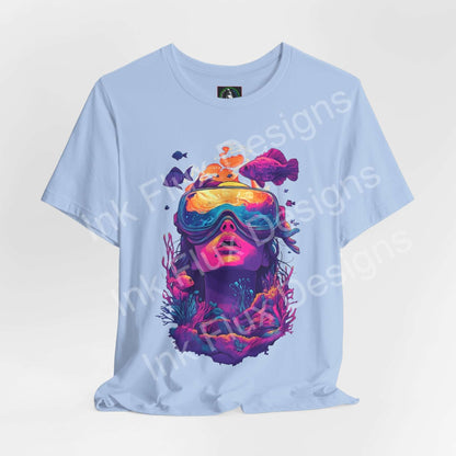 Aquatic Journey blue T-shirt featuring vibrant underwater design by Ink Flux Designs, perfect for casual wear.