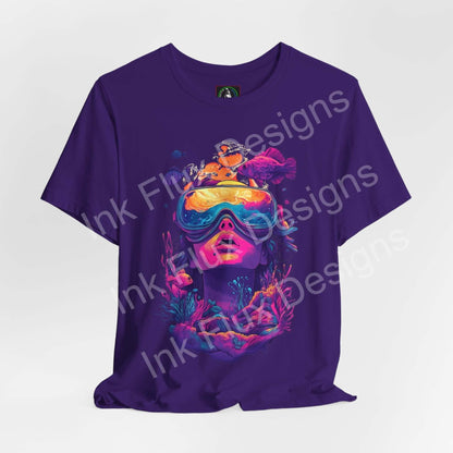 Aquatic Journey unisex T-shirt by Ink Flux Designs featuring vibrant underwater graphic in purple.