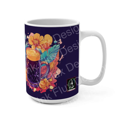Art Coffee Mug featuring vibrant floral design and coffee artwork on a dark background.