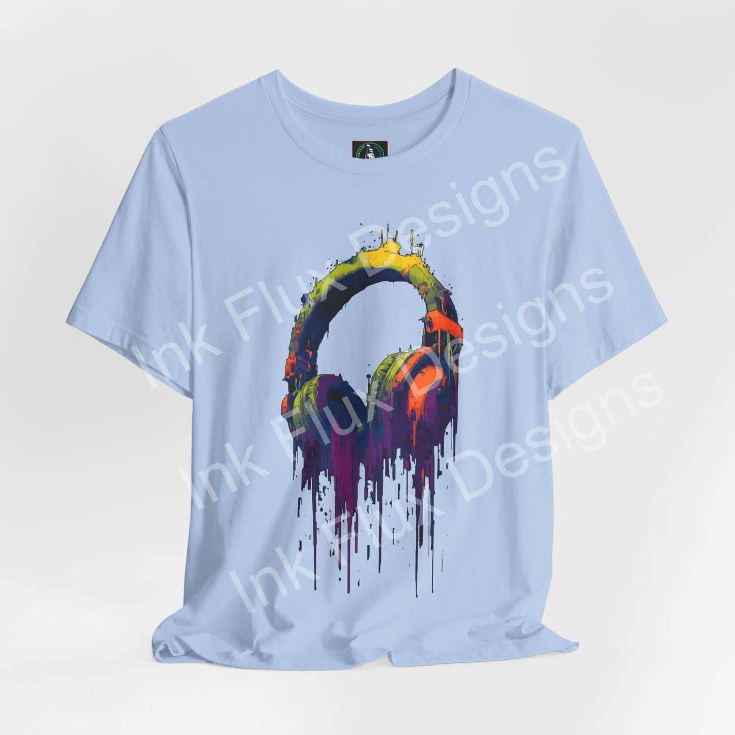 Baseline Melt Fun Graphics T-Shirt featuring vibrant neon headphones and paint textures, a stylish Graphic T-Shirt for music lovers.