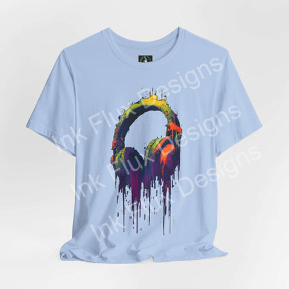 Baseline Melt Fun Graphics T-Shirt featuring vibrant neon headphones and paint textures, a stylish Graphic T-Shirt for music lovers.