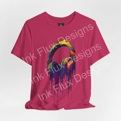 Graphic T-Shirt with vibrant neon headphones melting into color drips on a pink background.