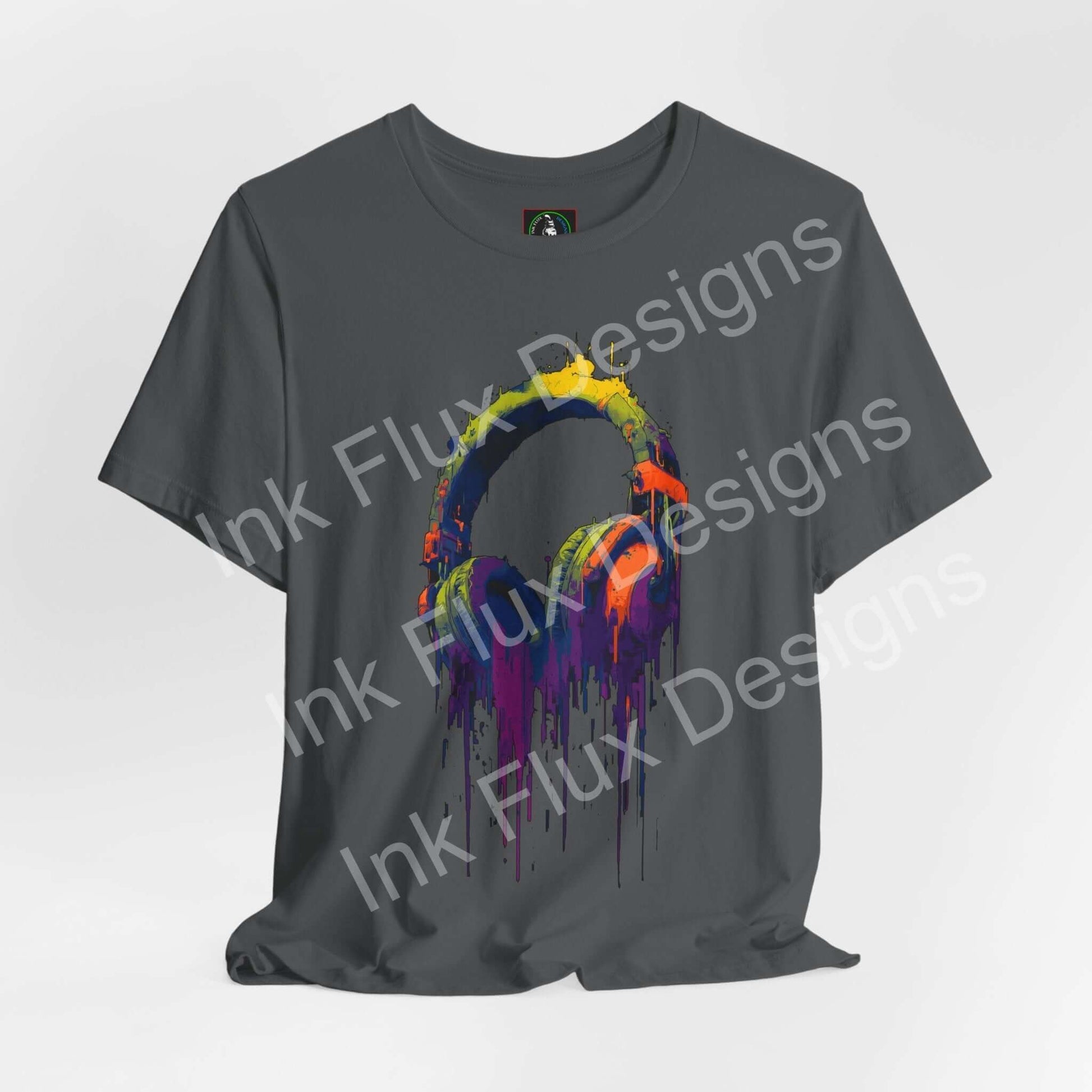 Graphic T-Shirt featuring vibrant neon headphones melting into paint textures