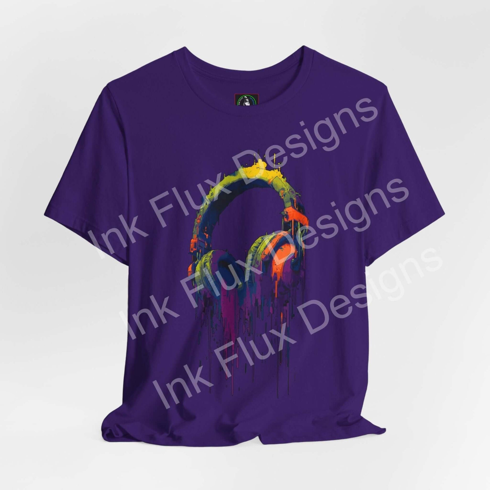 Baseline Melt Fun Graphics T-Shirt featuring vibrant neon headphones design on a purple Graphic T-Shirt.