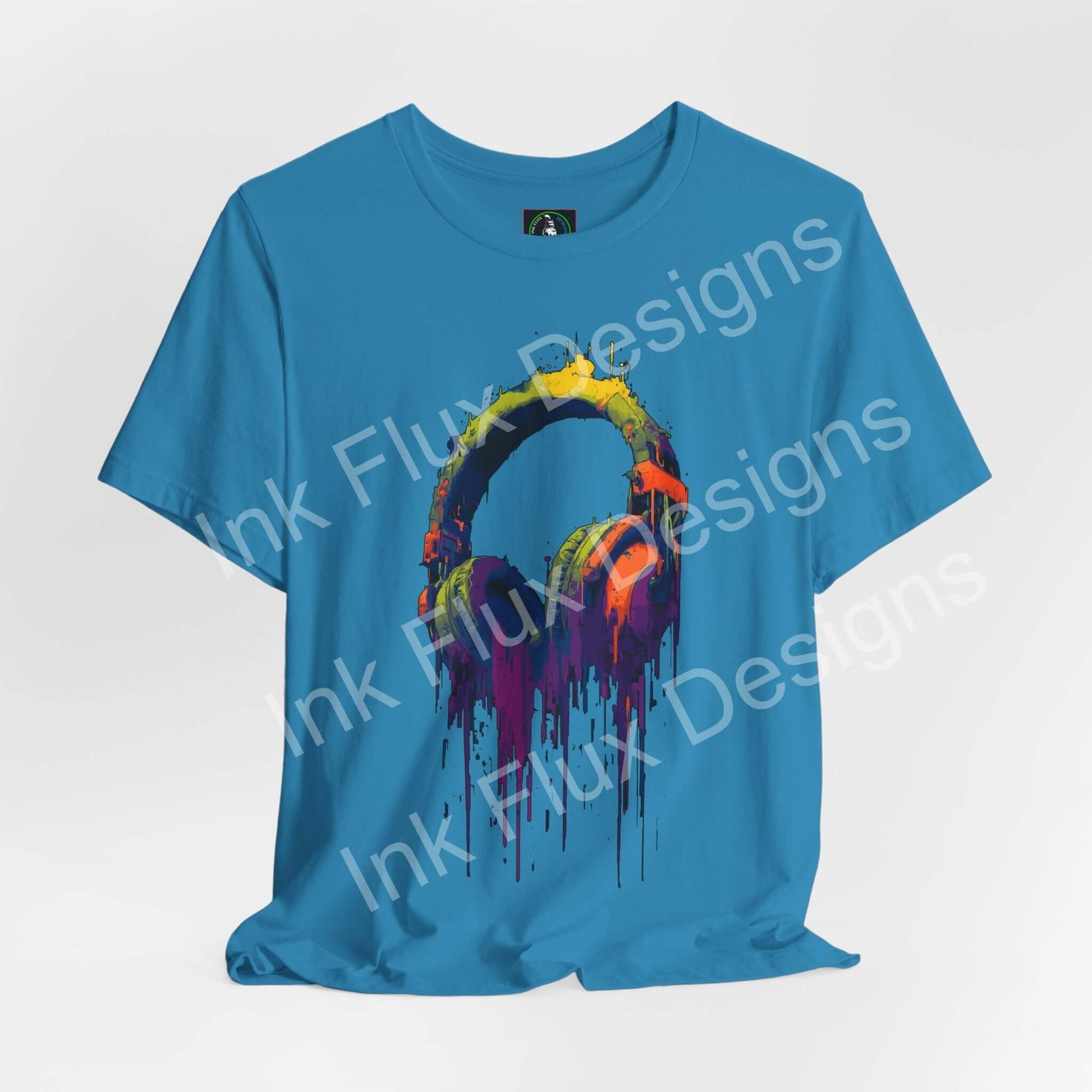Baseline Melt Fun Graphics T-Shirt featuring neon headphones and vibrant paint textures, perfect Graphic T-Shirt for music lovers.
