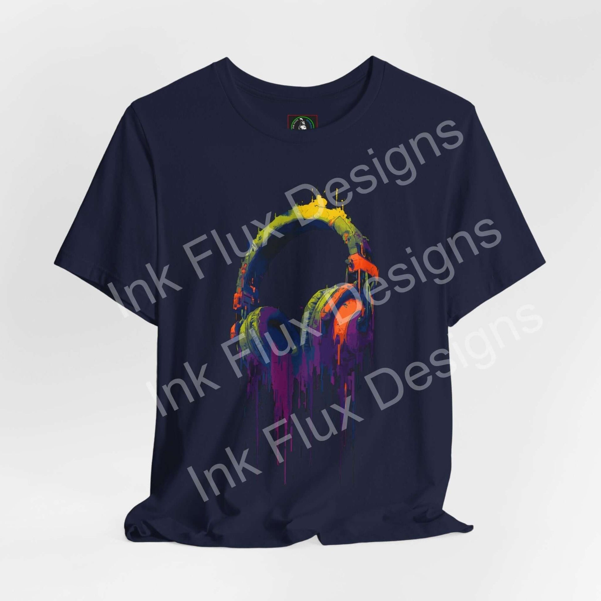 Baseline Melt Fun Graphics T-Shirt featuring neon headphones graphic design. Graphic T-Shirt with vibrant artistic colors.