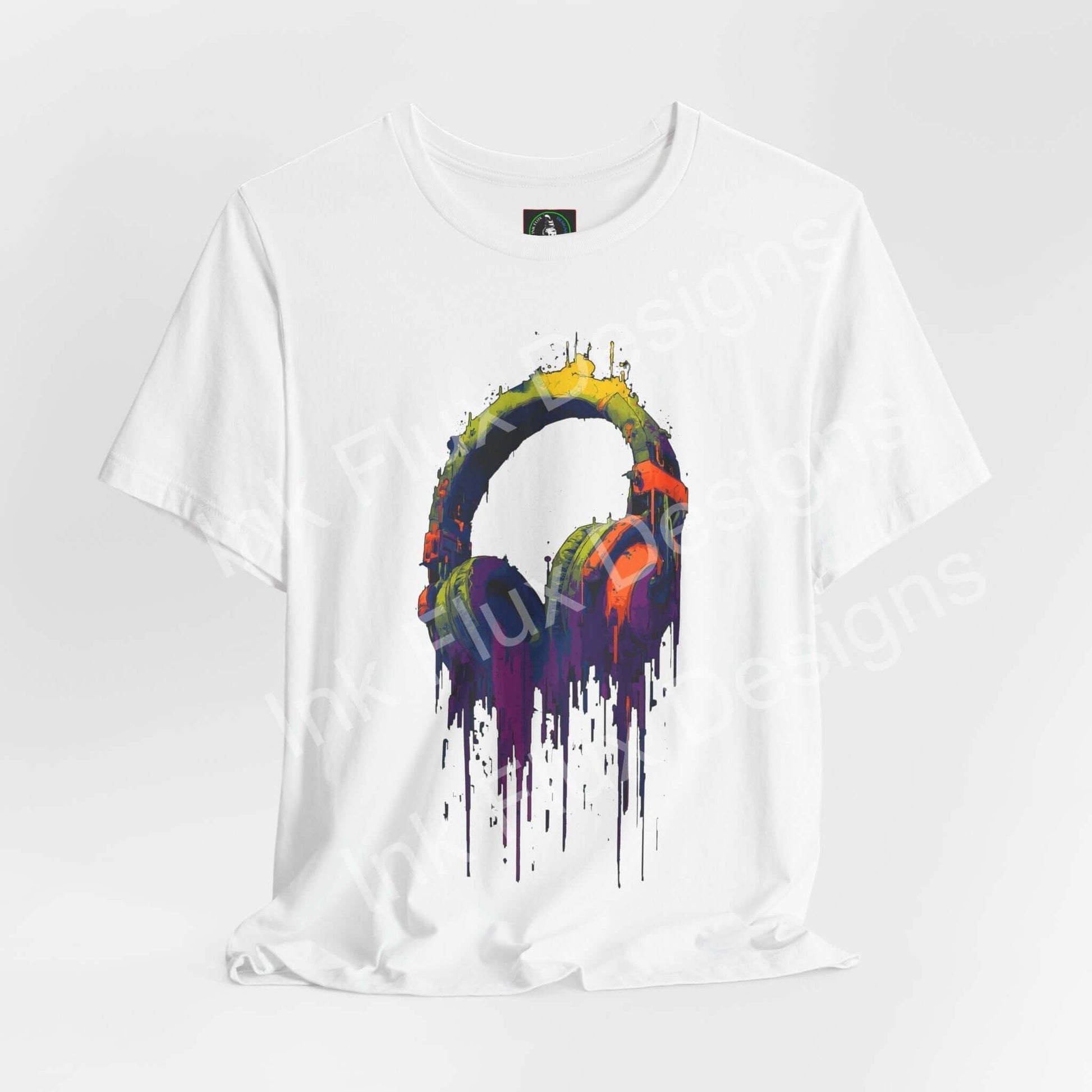Graphic T-Shirt featuring a vibrant neon headphones graphic design on a white background.