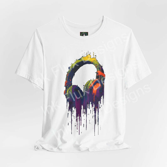 Graphic T-Shirt featuring a vibrant neon headphones graphic design on a white background.