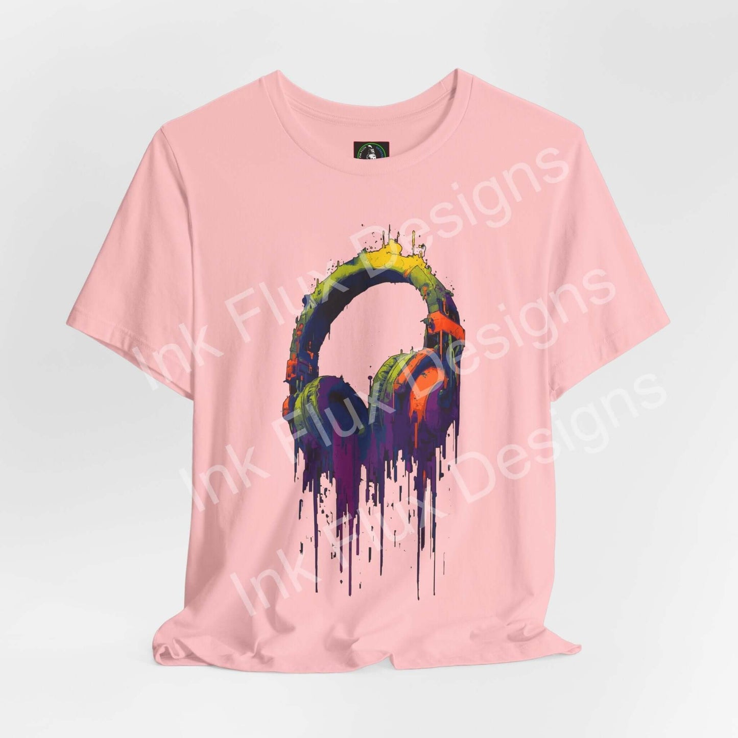 Baseline Melt Fun Graphics T-Shirt featuring neon headphones design, vibrant paint textures, graphic t-shirt style.
