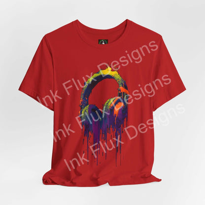 Graphic T-Shirt featuring vibrant neon headphones graphic on a red background with paint textures.