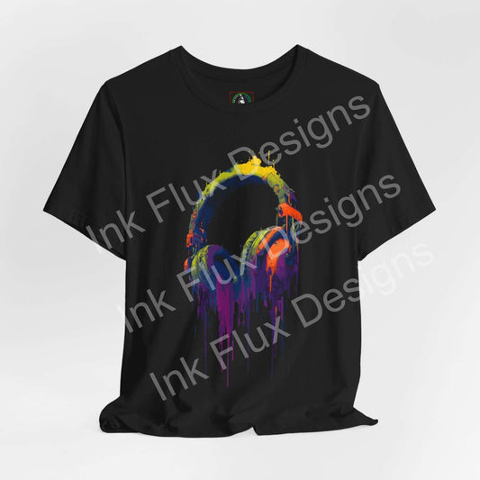Graphic T-Shirt featuring vibrant neon headphones and flowing paint textures on a black background.