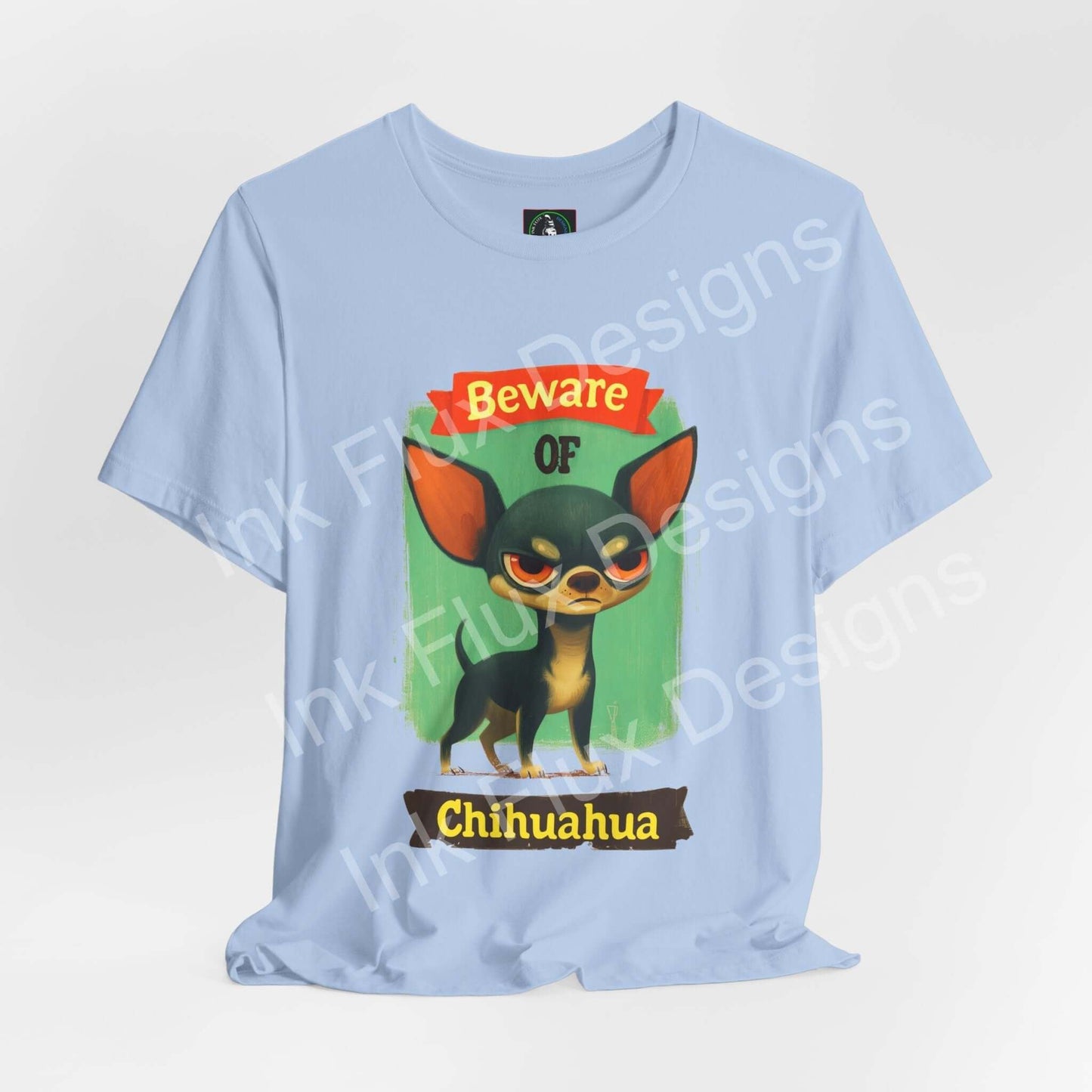 Funny Dog T-Shirt featuring an angry Chihuahua graphic with a humorous Beware of Chihuahua message.