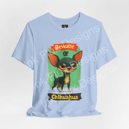 Funny Dog T-Shirt featuring an angry Chihuahua graphic with a humorous Beware of Chihuahua message.