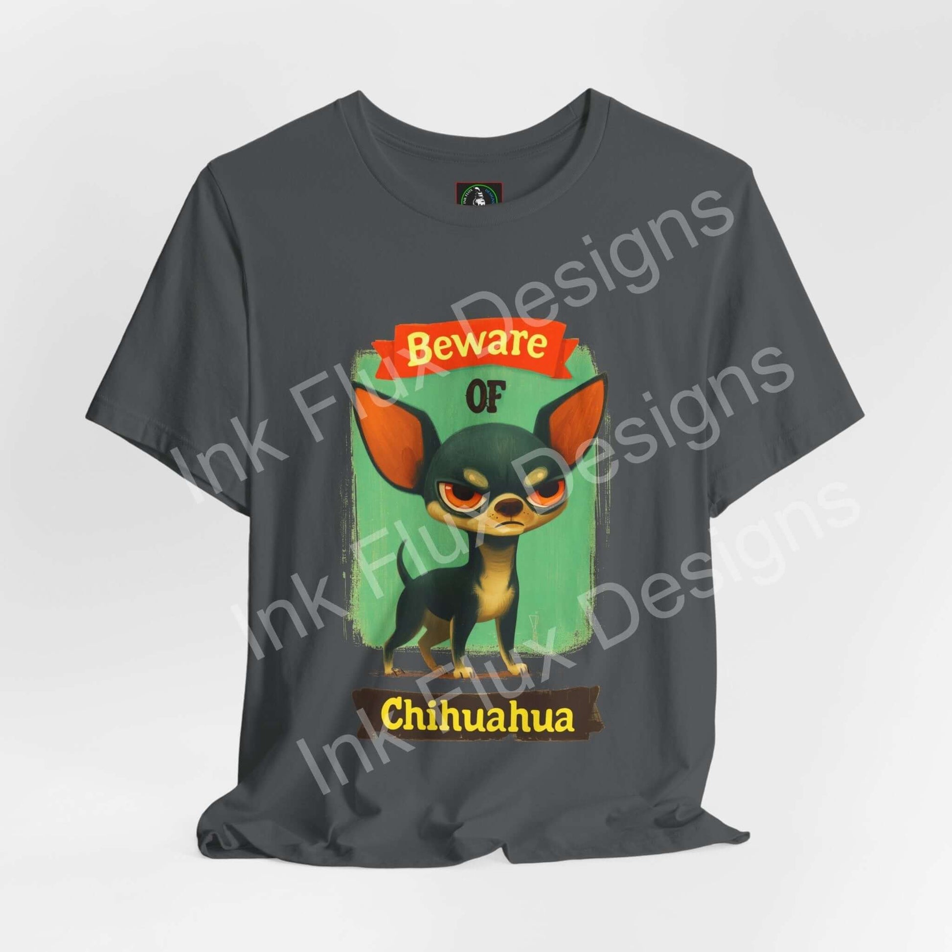Funny Dog T-Shirt featuring an angry Chihuahua with 'Beware of Chihuahua' text in a playful graphic design.