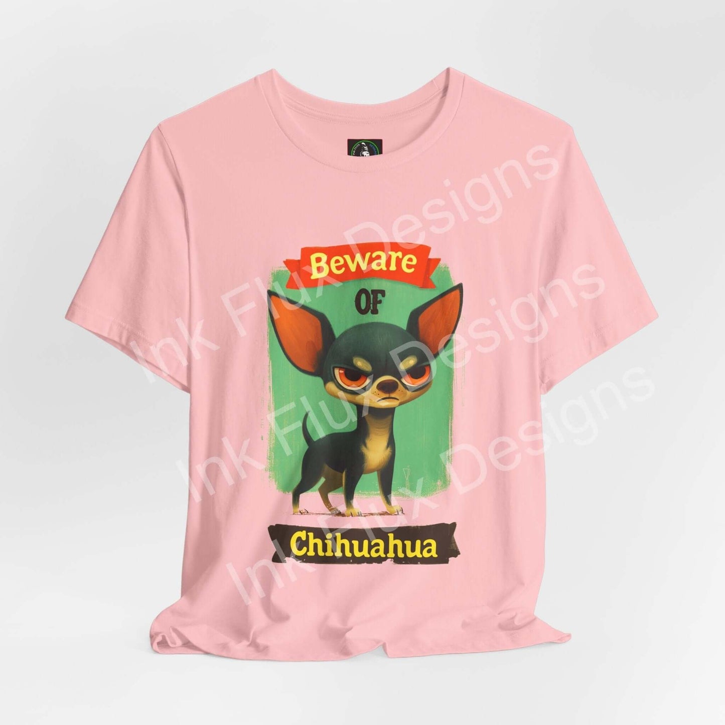 Funny Dog T-Shirt featuring an angry chihuahua with a warning sign design.