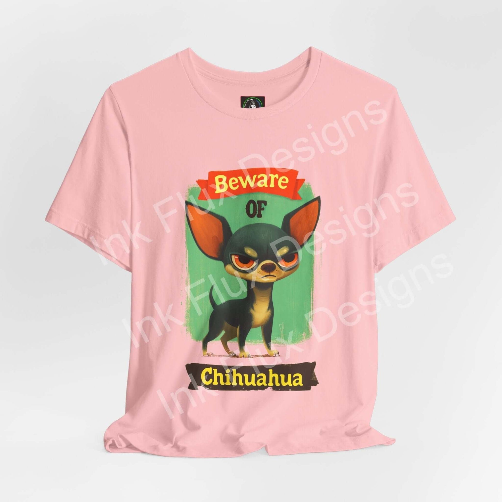 Funny Dog T-Shirt featuring an angry chihuahua with a warning sign design.