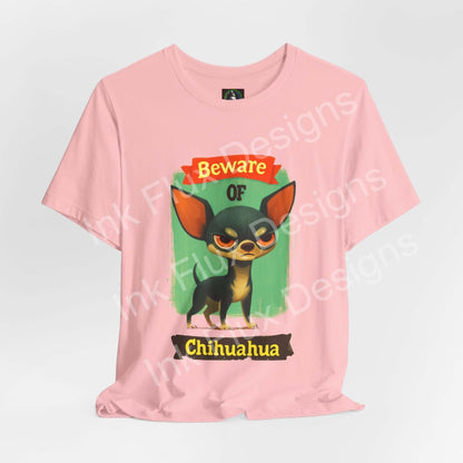 Funny Dog T-Shirt featuring an angry chihuahua with a warning sign design.