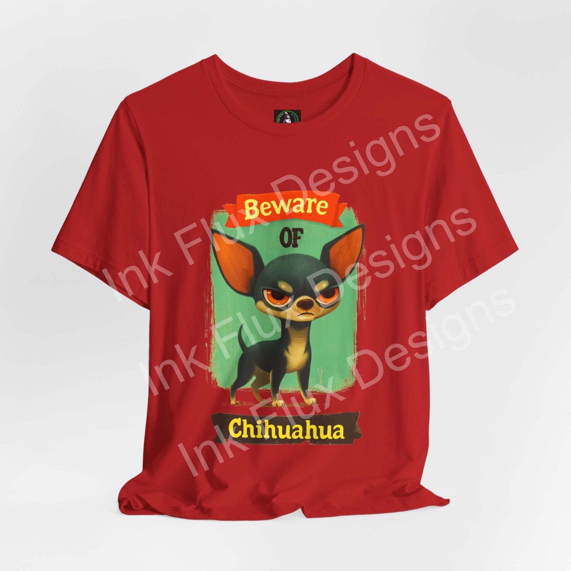 Funny Dog T-Shirt featuring an angry Chihuahua with a "Beware of Chihuahua" warning graphic on a red background.