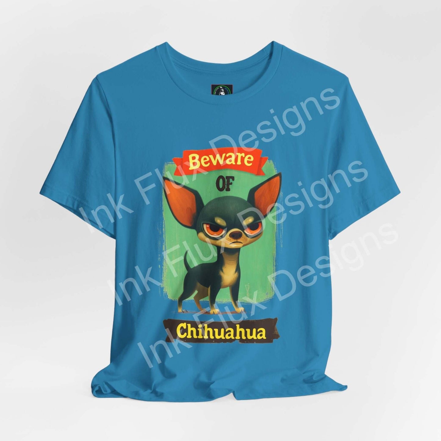 Funny Dog T-Shirt featuring an angry Chihuahua with a 'Beware of' graphic design on a blue background.