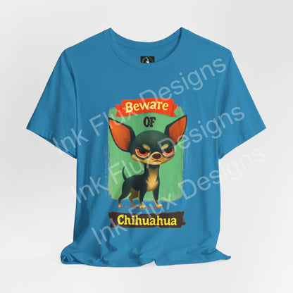 Funny Dog T-Shirt featuring an angry Chihuahua with a 'Beware of' graphic design on a blue background.