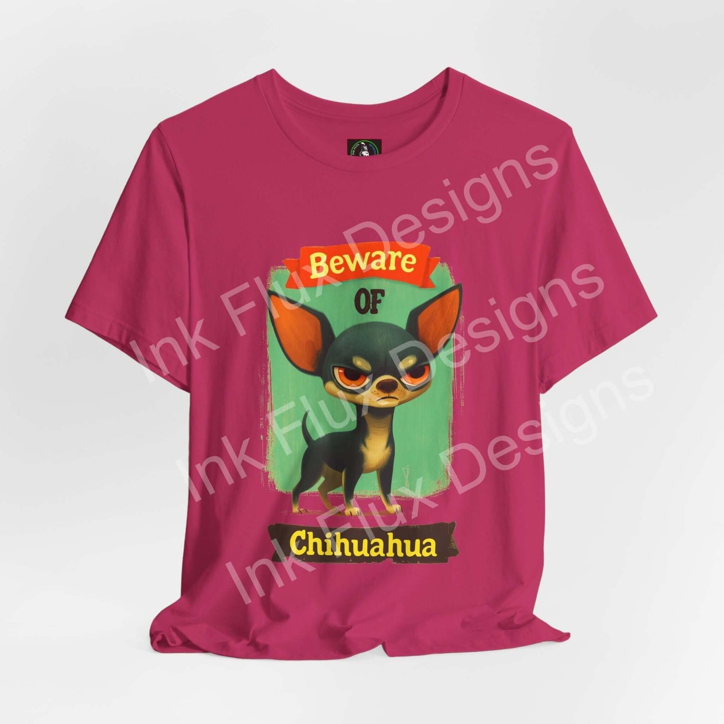 Funny Dog T-Shirt featuring an angry Chihuahua graphic with a Beware of Chihuahua warning.