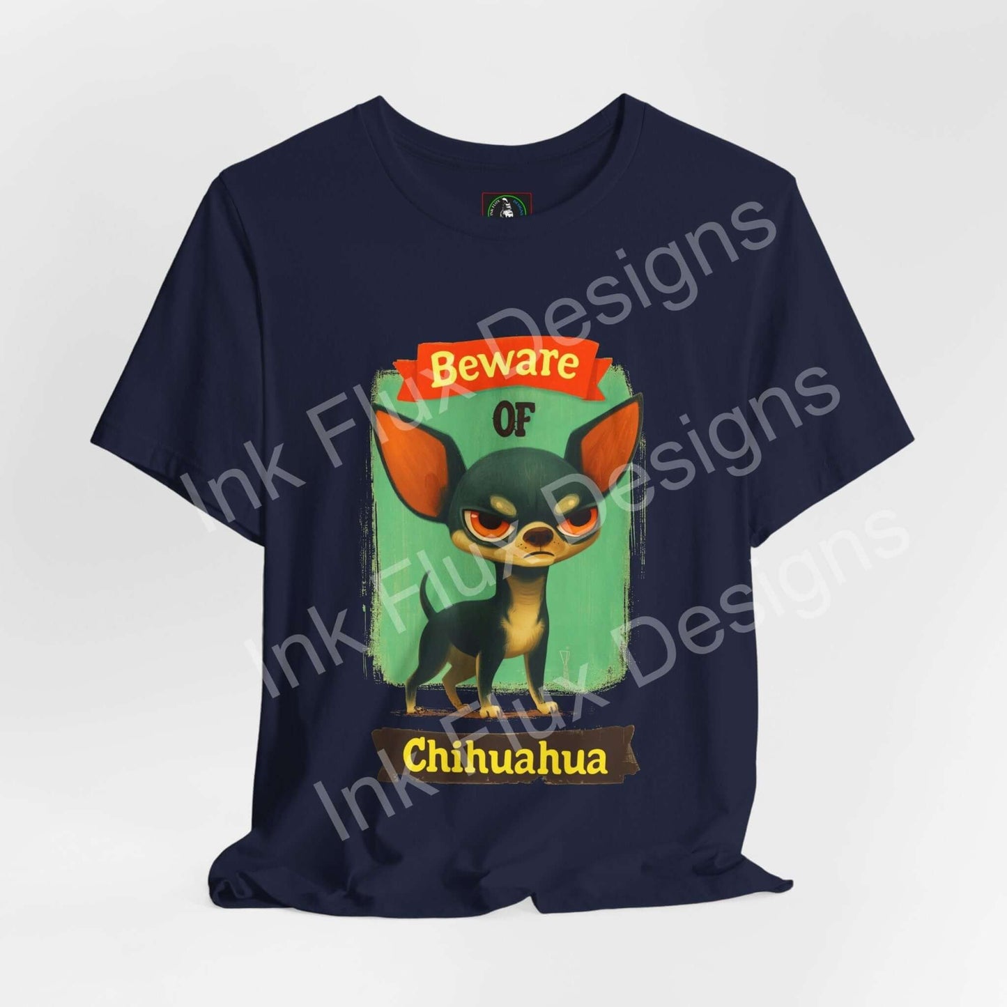 Funny Dog T-Shirt featuring an angry Chihuahua with 'Beware of Chihuahua' text design.