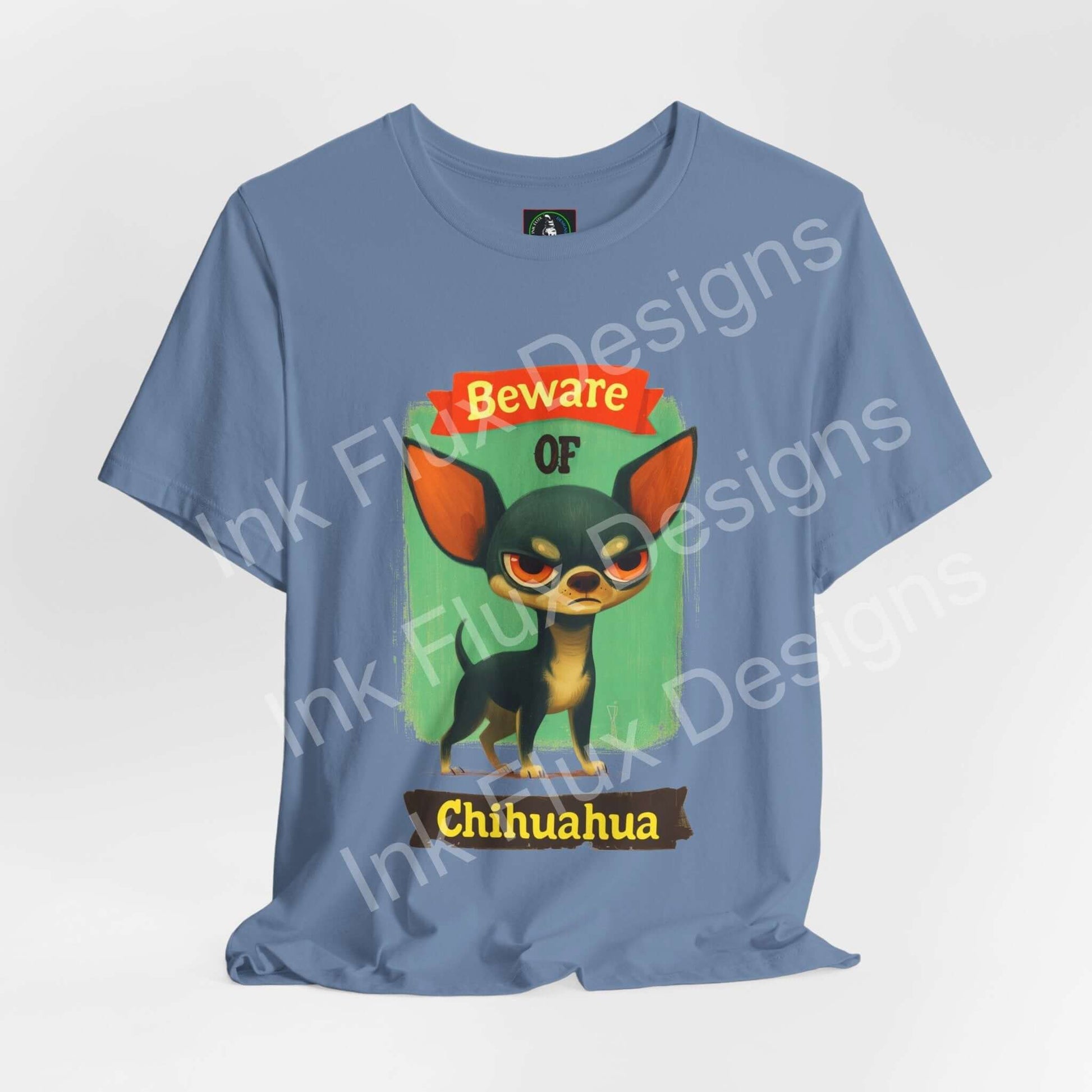 Funny Dog T-Shirt featuring an angry chihuahua design with a warning message.