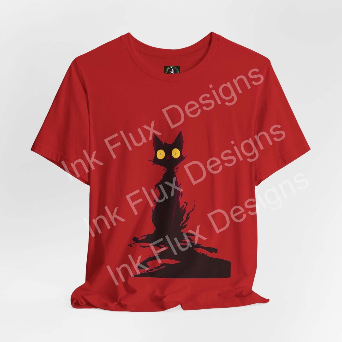 Black Cat T-Shirt featuring a shadow cat design with glowing eyes on a red background.