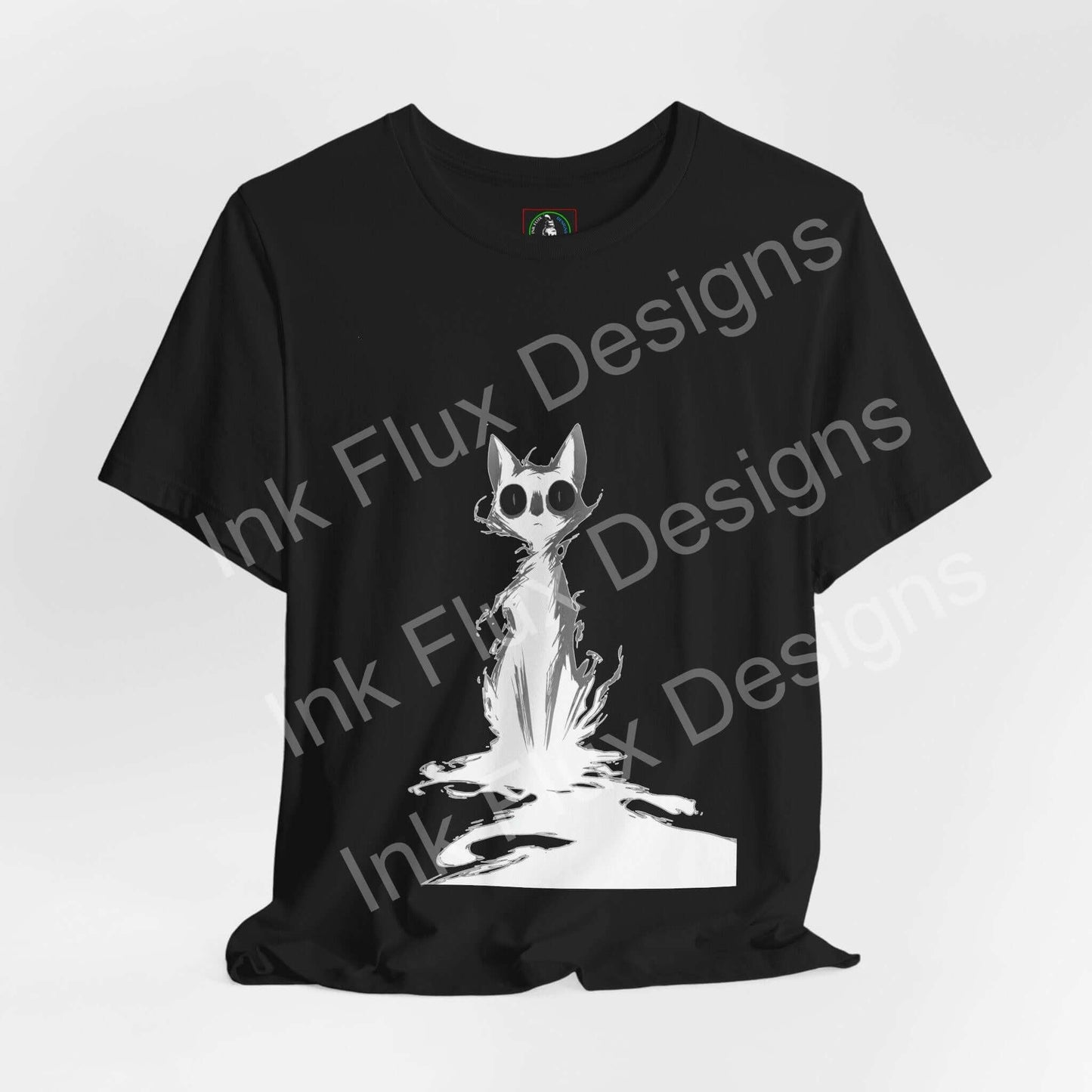 Black Cat T-Shirt featuring shadowy design with glowing eyes and minimalist graphic.