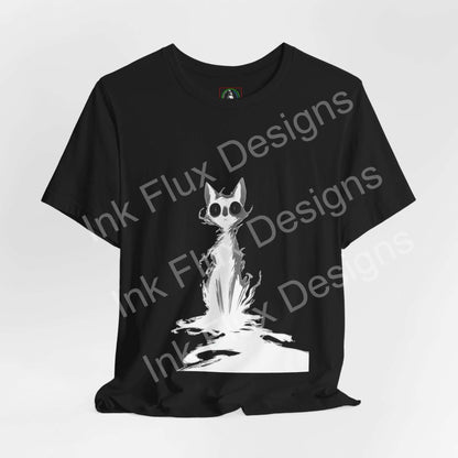 Black Cat T-Shirt featuring shadowy design with glowing eyes and minimalist graphic.