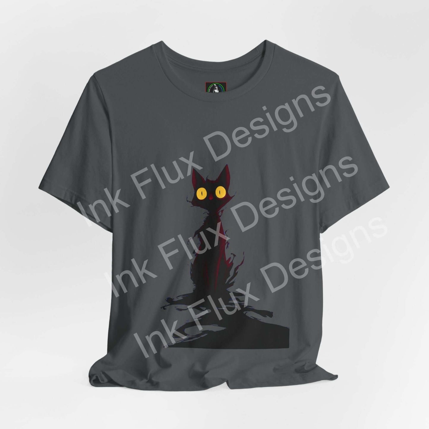 Black Cat T-Shirt featuring a shadowy black cat with glowing yellow eyes on a gray background.