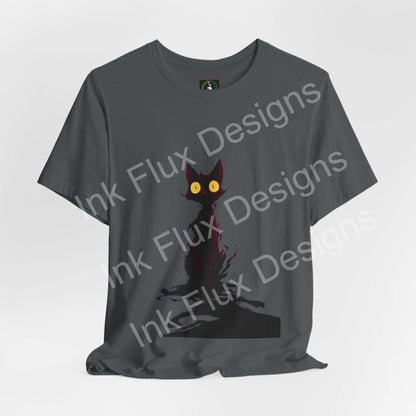 Black Cat T-Shirt featuring a shadowy black cat with glowing yellow eyes on a gray background.