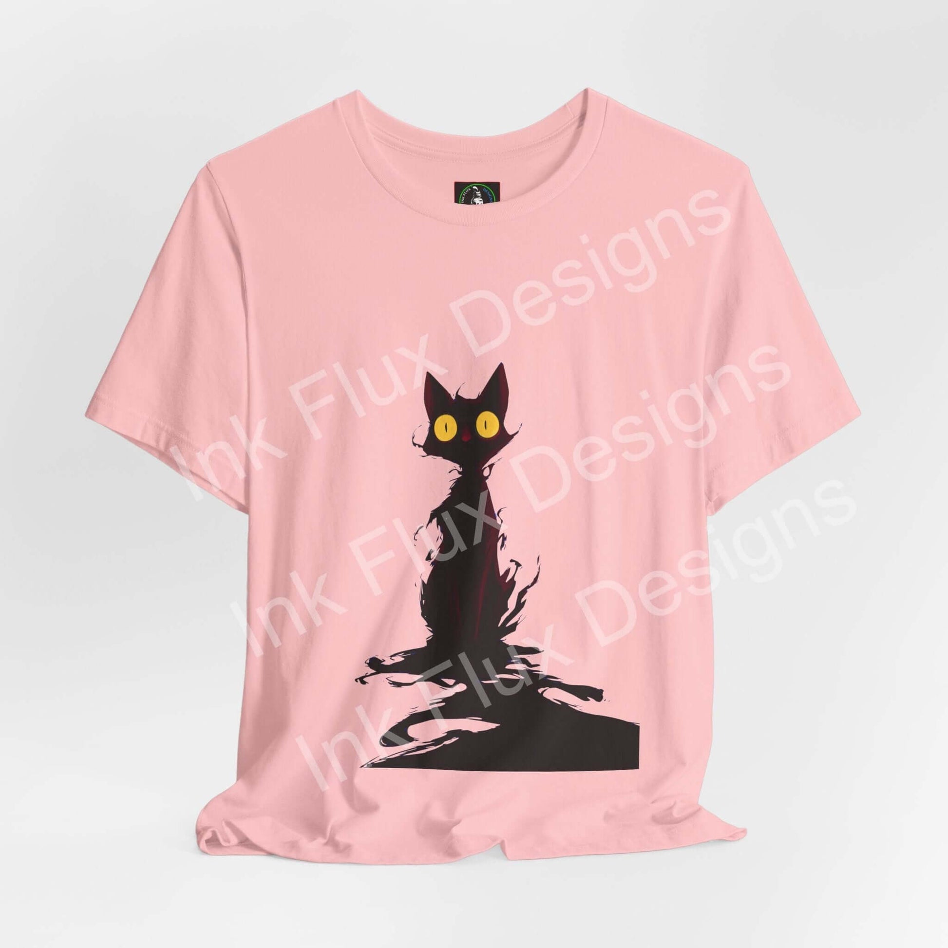 Black Cat T-Shirt showcasing a minimalist black cat design with glowing eyes on a pink background.