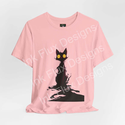 Black Cat T-Shirt showcasing a minimalist black cat design with glowing eyes on a pink background.
