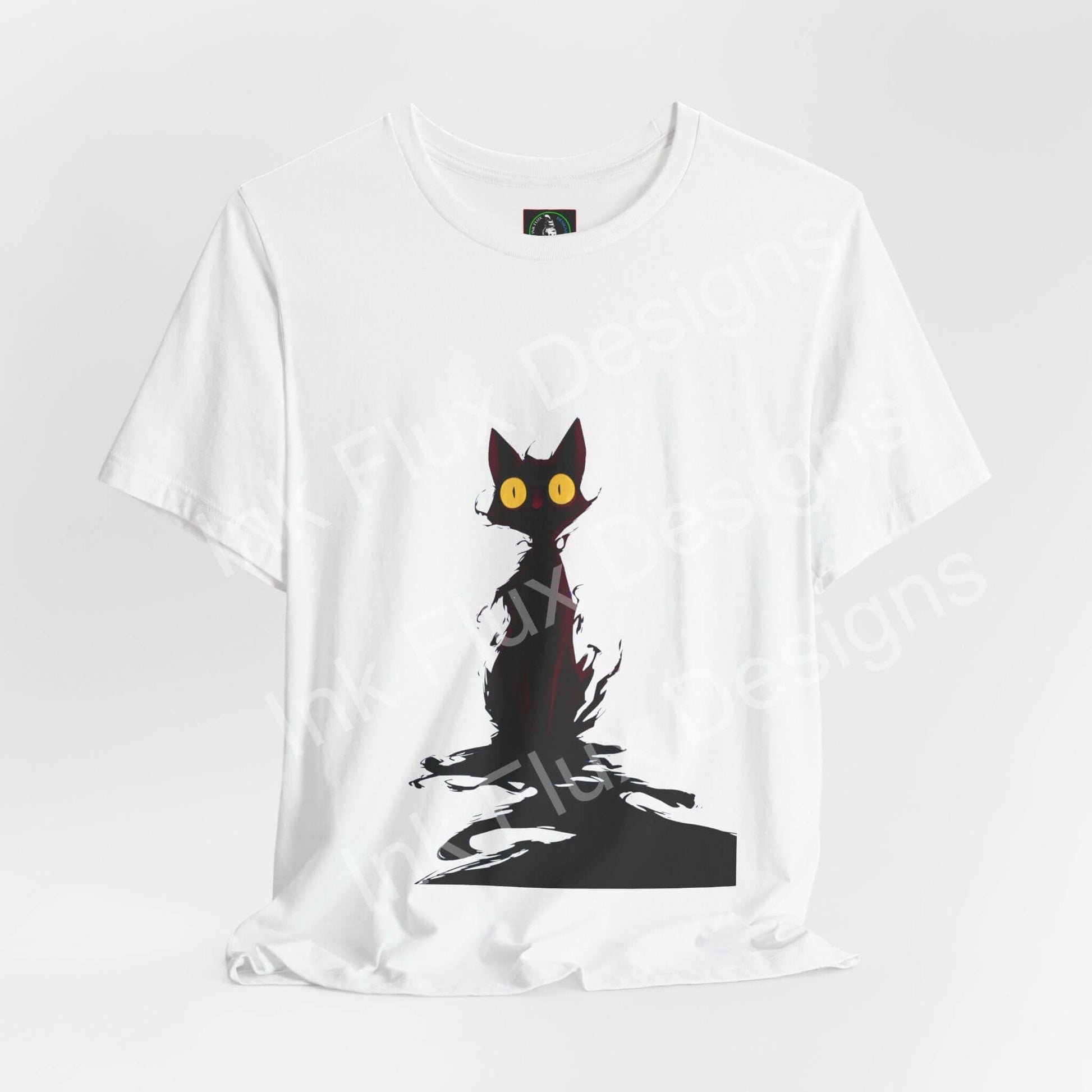 Black Cat T-Shirt featuring shadow whiskers and glowing eyes on a minimalist design.