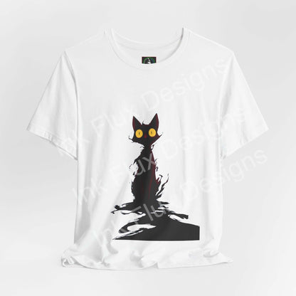 Black Cat T-Shirt featuring shadow whiskers and glowing eyes on a minimalist design.
