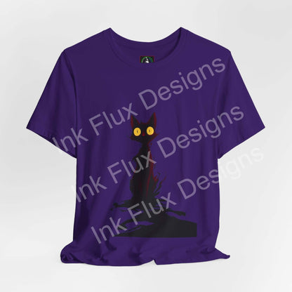 Black Cat T-Shirt featuring a shadowy black cat with glowing eyes on a purple tee.