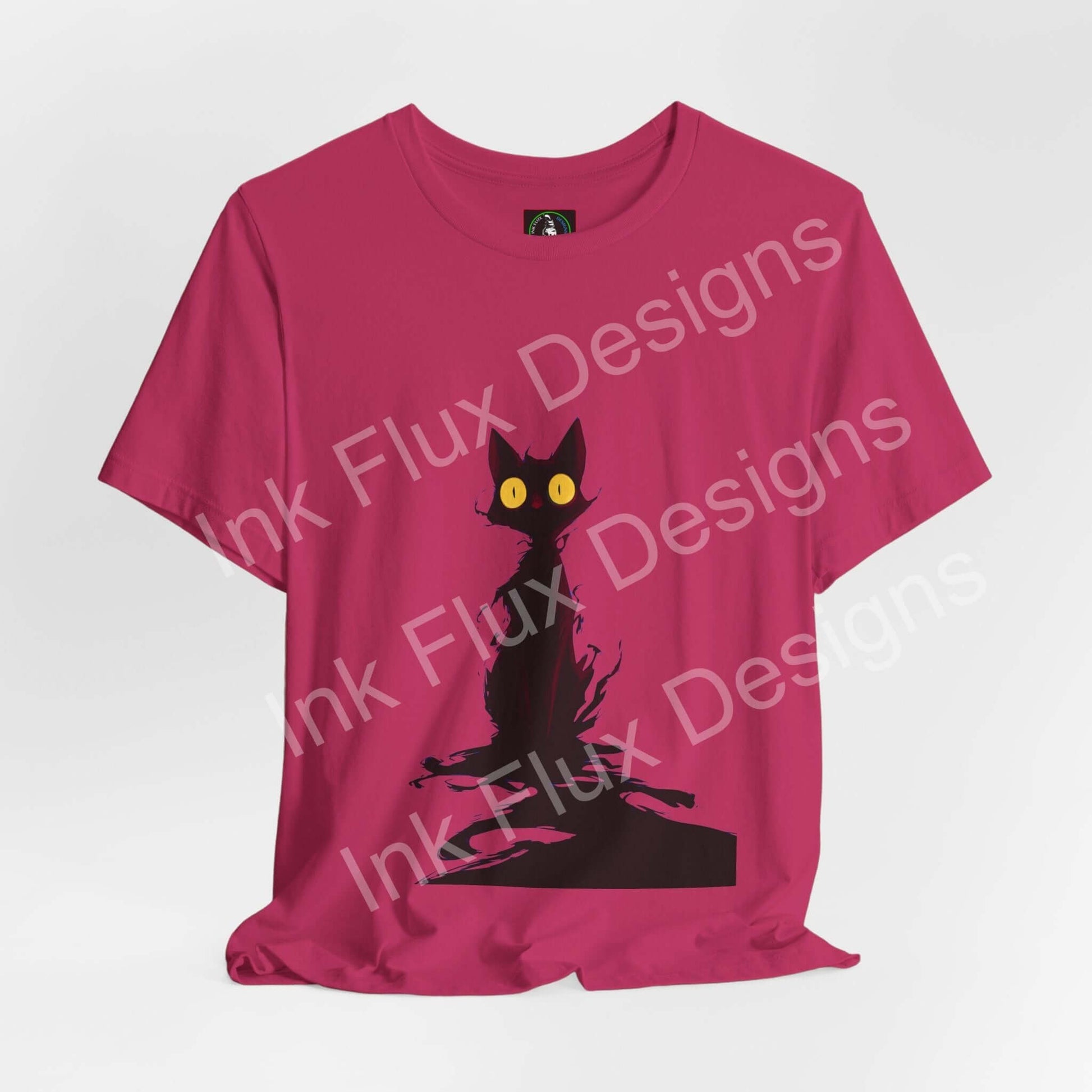 Black Cat T-Shirt featuring a minimalist design of a shadow cat with glowing eyes on a pink background.