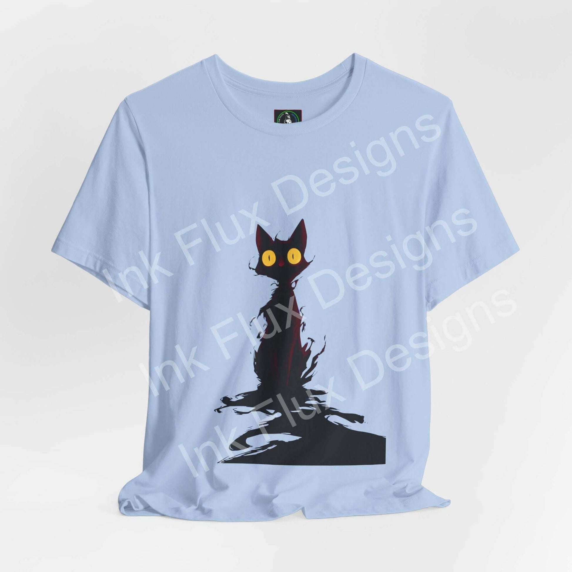 Black Cat T-Shirt design featuring a black cat with glowing eyes on a light blue background.