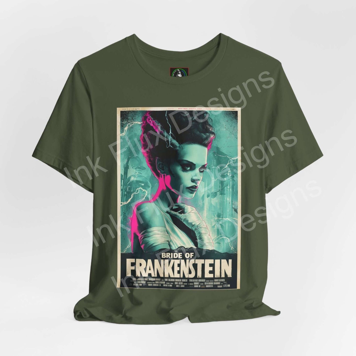 Bride of Frankenstein t-shirt featuring gothic graphic art in bold colors, perfect for horror fans and classic film lovers.