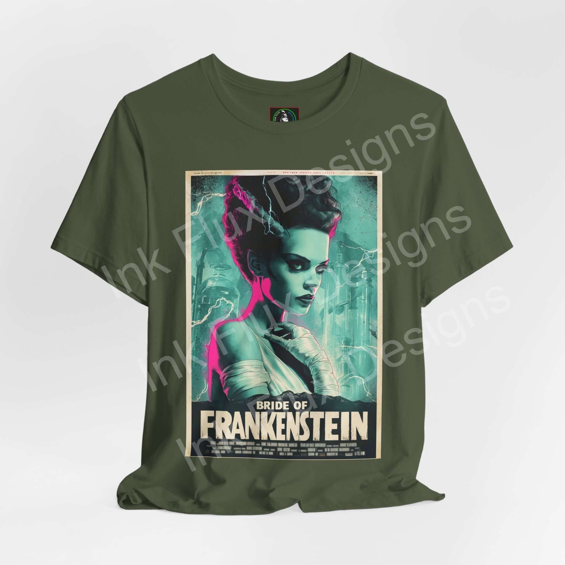 Bride of Frankenstein t-shirt featuring gothic graphic art in bold colors, perfect for horror fans and classic film lovers.