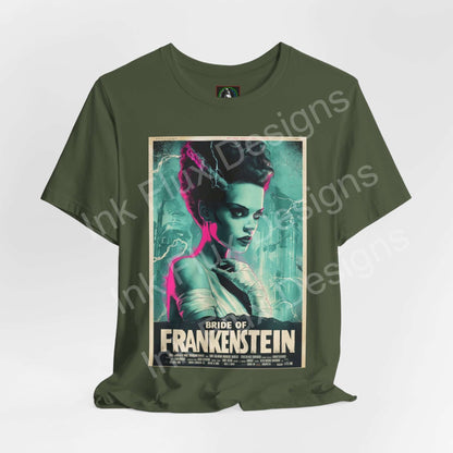 Bride of Frankenstein t-shirt featuring gothic graphic art in bold colors, perfect for horror fans and classic film lovers.