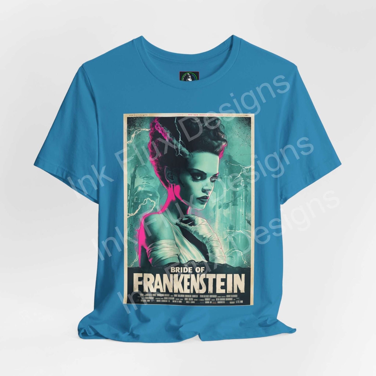 Bride of Frankenstein t-shirt featuring gothic graphic art by Ink Flux Designs on a blue background.